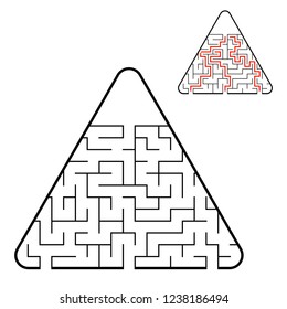 Abstract triangular labyrinth. Find the right path. Game for kids. Puzzle for children. Labyrinth conundrum. Flat vector illustration isolated on white background. With the answer