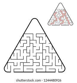 Abstract triangular labyrinth. Find the right path. Game for kids. Puzzle for children. Labyrinth conundrum. Flat vector illustration isolated on white background. With the answer