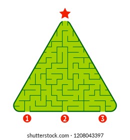 Abstract triangular labyrinth. Game for kids. Puzzle for children. Find the right path to the star. Labyrinth conundrum. Flat vector illustration isolated on white background. Christmas tree.