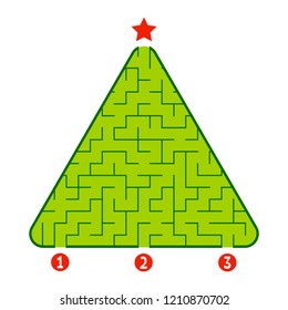 Abstract triangular labyrinth. Game for kids. Puzzle for children. Find the right path to the star. Labyrinth conundrum. Flat vector illustration isolated on white background. Christmas tree.