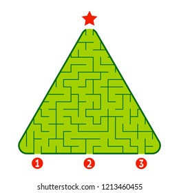 Abstract triangular labyrinth. Game for kids. Puzzle for children. Find the right path to the star. Labyrinth conundrum. Flat vector illustration isolated on white background. Christmas tree.