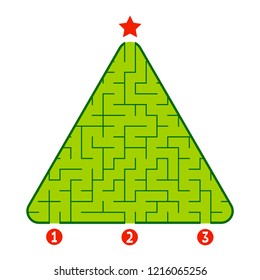 Abstract triangular labyrinth. Game for kids. Puzzle for children. Find the right path to the star. Labyrinth conundrum. Flat vector illustration isolated on white background. Christmas tree.