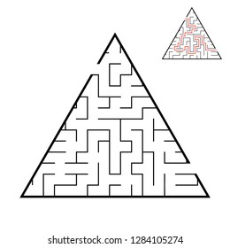 Abstract triangular labyrinth. Game for kids. Puzzle for children. One entrance, one exit. Labyrinth conundrum. Flat vector illustration isolated on white background. With answer