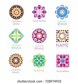 Abstract triangular polygonal shape kaleidoscope geometry company brand logo badge template circle decorative vector icon.
