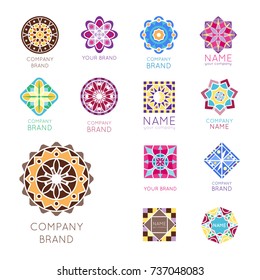 Abstract triangular polygonal shape kaleidoscope geometry company brand logo badge template circle decorative vector icon.
