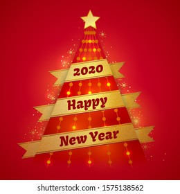 Abstract triangular red christmas tree with gold ribbons, star, snowflakes, confetti and flares effect on red background. Paper effect. Template for poster, invitation, flyers, card, congratulation. 