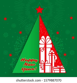 Abstract triangular red christmas tree with white ribbons, snowflakes and dots on simple red background. Space for text. Paper effect. Template for poster, invitation, flyers, card, congratulation. 