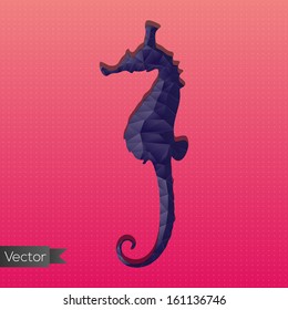 Abstract triangular stamp violet seahorse isolated on pure, dotted, cardinal gradient background. Vector illustration. 