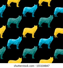Abstract triangular wolf isolated on a black background. Seamless pattern