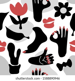 Abstract tribal art. Seamless vector pattern with body parts, flowers and fruits. Modern design for scarfs, dresses, swimwear, cards, posters. Black, white, red.