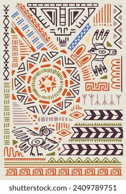 Abstract tribal background. Traditional animals symbols, ancient cultural elements, geometric figures of Aztec pattern. Ethnic poster, ornamental wall art in boho style. Flat vector illustration
