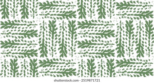 Abstract tribal botanical seamless pattern with green brush stroke textured fern leaves. Artistic floral drawing naive paintbrush grunge branches print for textile design, wrapping paper, surface