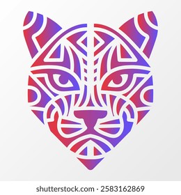 Abstract tribal cat face illustration with bold geometric patterns in vibrant red and blue gradient on a white background.