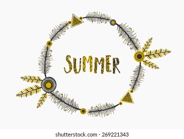 Abstract tribal design frame with feathers and geometric design elements. Wedding invitation/ greeting card design.