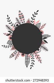 Abstract tribal design frame with geometric and floral design elements. Wedding invitation/ greeting card design with copy space.