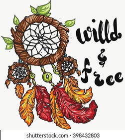 Abstract tribal design frame on white background. Hand drawn brush stroke typographic .  illustration of dream catcher, native american poster