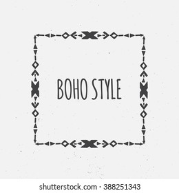 Abstract tribal design invitation frame with geometric design elements and arrows and motivation text "Boho style". Hand drawn brush stroke typographic design.