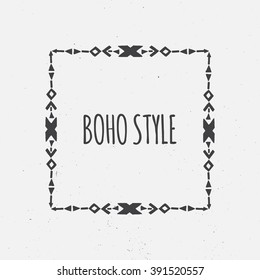 Abstract tribal design invitation frame with geometric design elements and arrows and motivation text "Boho style". Hand drawn brush stroke typographic design.