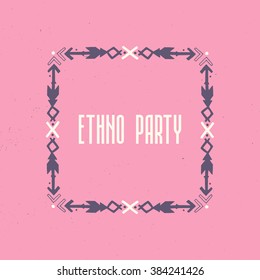 Abstract tribal design wedding invitation frame with geometric design elements and arrows. Hand drawn native style vector design