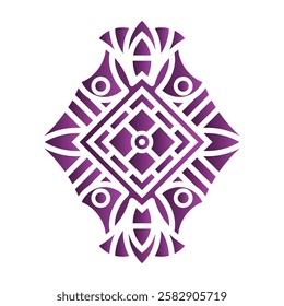 Abstract tribal emblem with geometric shapes and intricate purple patterns. Symmetrical design ideal for branding, decor, or artwork. Purple geometric tribal decorative emblem design