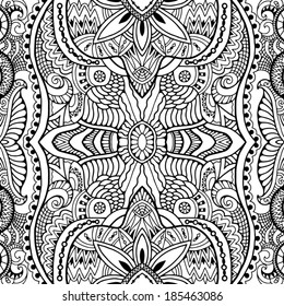 Abstract tribal ethnic background seamless pattern, hand drawn artwork, black and white