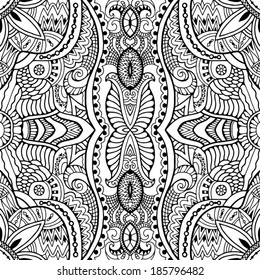 Abstract tribal ethnic background seamless pattern, black and white vector graphic, hand drawn artwork