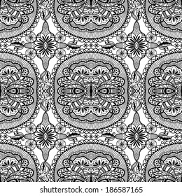 Abstract tribal ethnic background seamless pattern, hand drawn artwork, black and white
