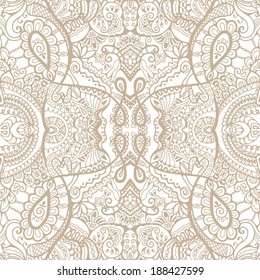 Abstract tribal ethnic background seamless pattern, hand drawn artwork, beige on white