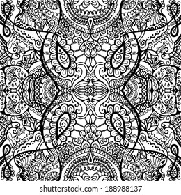 Abstract tribal ethnic background seamless pattern, hand drawn artwork, black and white