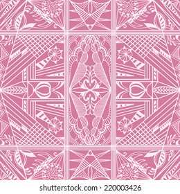 Abstract tribal ethnic background seamless pattern, vector floral and geometric ornament