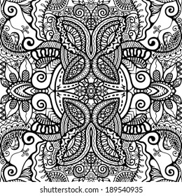 Abstract tribal ethnic seamless background with butterflies, ornamental lace pattern hand drawn artwork, black and white