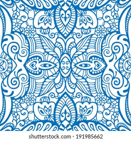 Abstract tribal ethnic seamless background, ornamental lace pattern hand drawn artwork, blue on white