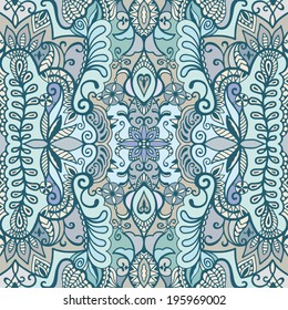 Abstract tribal ethnic seamless background, ornamental lace pattern hand drawn artwork, floral and geometric ornament