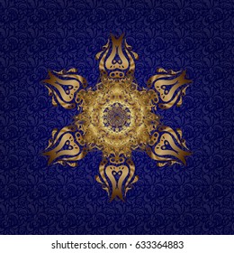 Abstract Tribal, ethnic seamless pattern. Arabic Vintage decorative ornament. East, Islam, Thai, Indian, ottoman motif. Vector Mandala gold on blue background. Orient, symmetry lace, meditation symbol