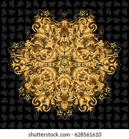 Abstract Tribal, ethnic texture. Vector Mandala gold on black. East, Islam, Thai, Indian, ottoman motifs. Mandala pattern. Arabic Vintage decorative ornament. Orient, symmetry lace, meditation symbol.