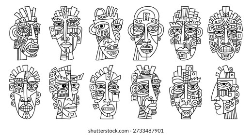 Abstrakte Tribal Face Illustration Set, Geometrische Maske Gesichter Kollektion, Moderne abstrakte Zeichen