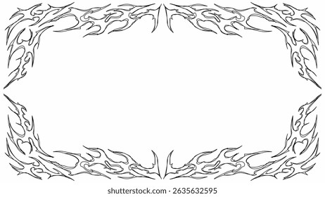 Abstract tribal fire frames, cyber gothic hand drawn style symmetrical shape, bold abstract border. Cyber flame sigilism vintage vector design elements isolated