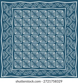 Patrón geométrico tribal Abstractas con motivos espirales cuadrados dibujados a mano dispuestos en una cuadrícula, rodeados de Formas triangulares orgánicas y bordes irregulares. Esta obra de arte tiene una sensación hecha a mano, étnica y contemporánea, conveniente para el diseño textil, impresión de la tela, Fondo de pantalla, empaquetado, marca, y fondos decorativos modernos
