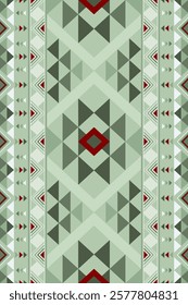 Abstract Tribal Geometric Pattern with Green and Red Tones. Ethnic Geometric Seamless Background. Modern Decorative Tribal Design with Triangle and Diamond Shapes. Vector illustration.