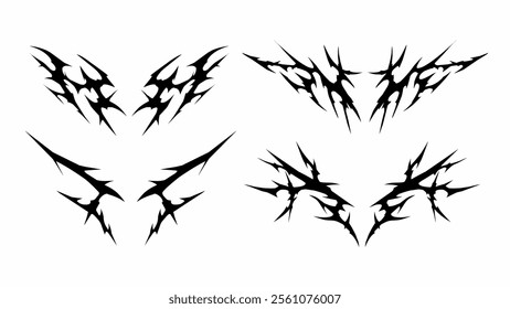 Abstract Tribal hand drawn symmetry shapes. Set of Cyber Gothic Patterns vector Black White Sigil Elements