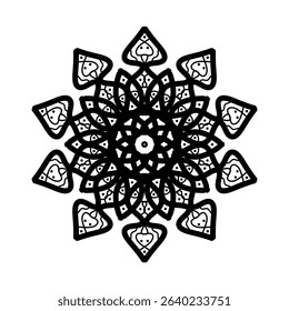 Abstract Tribal Mandala with Heart and Eye Motifs – Symmetrical Black Line Art