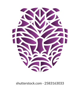 Abstract tribal mask design in purple featuring symmetrical geometric and decorative patterns. Perfect for cultural, decor, or artistic themes. Purple tribal mask with geometric intricate design