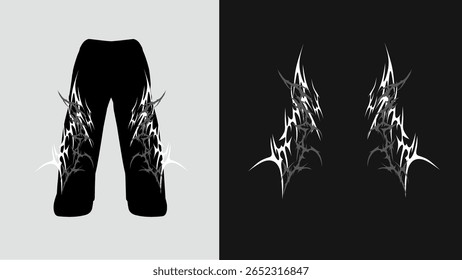 Abstract tribal pant vector design, featuring sharp symmetrical lines in white. Perfect for techwear, alternative fashion, or digital apparel