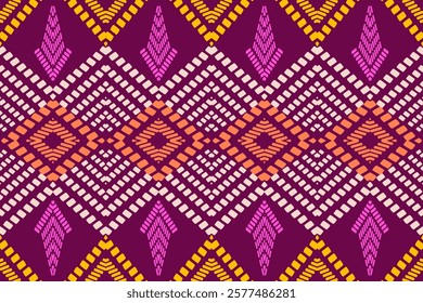 Abstract Tribal Pattern with Orange and Pink Diamond Motifs on a Maroon Background for Decorative Textile and Wallpaper Design