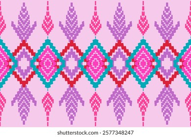 Abstract Tribal Pattern with Pink and Blue Diamond Motifs on a Light Background for Decorative Textile and Wallpaper Design
