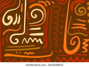 abstract tribal patterns with vibrant colors over brown backgrounds, combining bold lines, dots, and curves for a lively ethnic-modern visual expression.