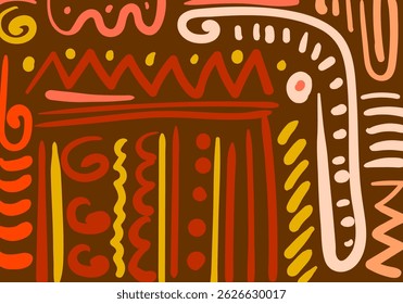 abstract tribal patterns with vibrant colors over brown backgrounds, combining bold lines, dots, and curves for a lively ethnic-modern visual expression.
