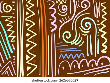 abstract tribal patterns with vibrant colors over brown backgrounds, combining bold lines, dots, and curves for a lively ethnic-modern visual expression.