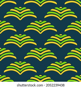Abstraktes, nahtloses afrikanisches Muster für Stammes. Ethnische und Stammesmotive. Wiederholende Formen, Symbole.Grün, Gelb, Blau. Farbverlauf-Hintergrund.
