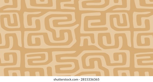 Abstract tribal seamless pattern with ethnic maze lines. Vector background in beige and light brown nude tones for textile, wallpaper, wrap paper, or digital design.